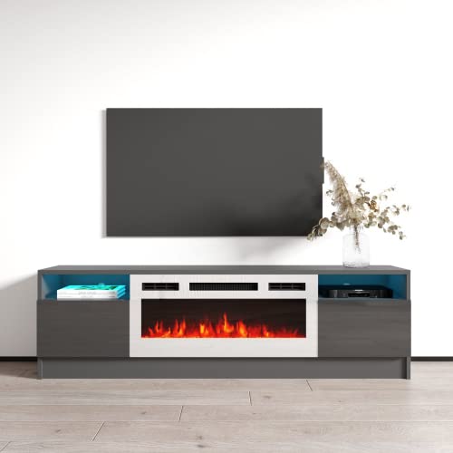 Meble Furniture Duke 01 WH-EF Electric Fireplace TV Stand - Modern High Gloss TV Stand with Storage Cabinets - Central Entertainment Center Console Table for TVs up to 70
