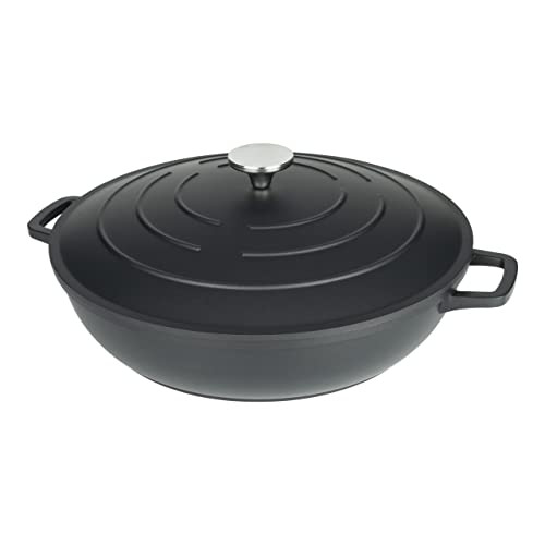 Commichef Cacerola Poco Profunda, Negra, Aluminio Fundido, Con Tapa, 32 Cm De Diámetro, 4,5 Litros De Capacidad, Apta Para El Horno Y Placas De Cocción, Xr-L32bk
