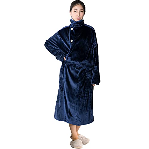 アイリスプラザ 毛布 着る毛布 125cm丈 ルームウェア フランネルマイクロファイバー とろけるような肌触り 静電気防止 洗える ネイビー