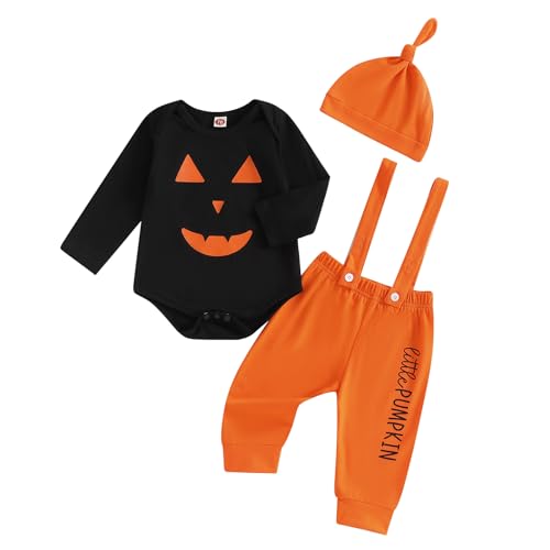 Image of Lamuusaa Newborn Baby Boy Halloween Outfit Smile Long Sleeve Romper Suspender Pants Overalls Hat 3Pcs Fall Outfit 0-18M