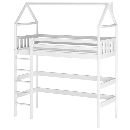 Lit superposé Enfant sur Mezzanine Gloria 90x190 Blanc en Bois, en Forme de Maison et avec échelle Universelle