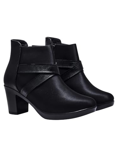 Image of Shoetopia Women's Ankle Boots with Block Heel and Cross Strap Design - Stylish Comfortable Casual & Party Footwear