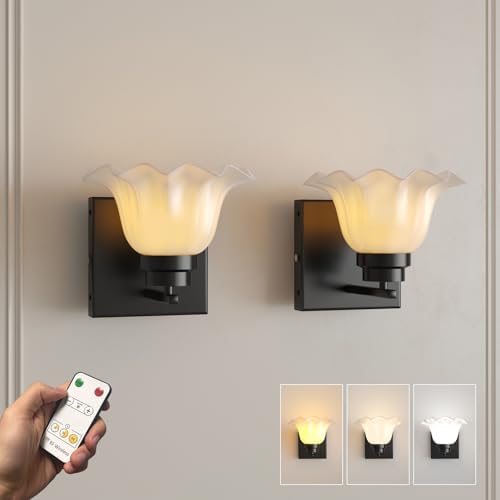 Battery Wall Sconce with Flower Lampshade, Rechargeable, Cordless, Dimmable, Timer, Remote, Touch Control, 3 Color Temperature, USB-C Charging for Bedroom Hallway (Include 2 Special Bulbs)