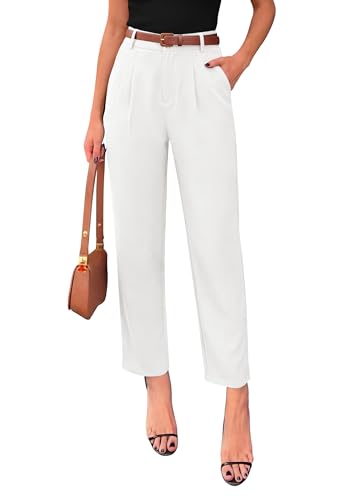 PRETTYGARDEN Womens Dress Pants Summer 2026 Work Clothes Tapered High Waisted Trousers Slacks Pockets Business Casual Outfits (White,Large)