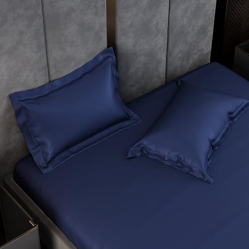 Image of Stoa Paris 350TC Luxstre Cotton Double Fitted Bedding Set with 2 Pillow Covers, All-Around Elastic Fitted Bedsheet 152cm x 198cm + 30cm Drop, All Season Comfort, Breathable, Panache - Navy