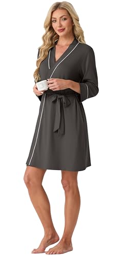 Image of PrinStory Womens Robe Knee Length Soft Knit Bathrobe S-2XL | V-Neck 3 /4 Sleeve Robes with Pockets, Lightweight, Breathable Bath Robe for Shower, Spa, Travel, Home, Party, Nursing