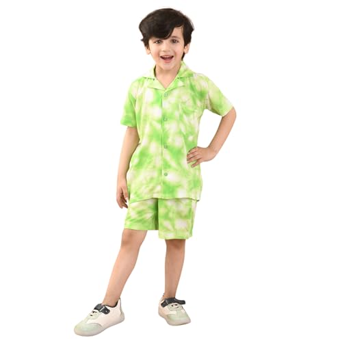 Image of superminis Baby Boys Rayon Tie-Dye Printed Co-ord Set With Notched Collar Shirt and Shorts