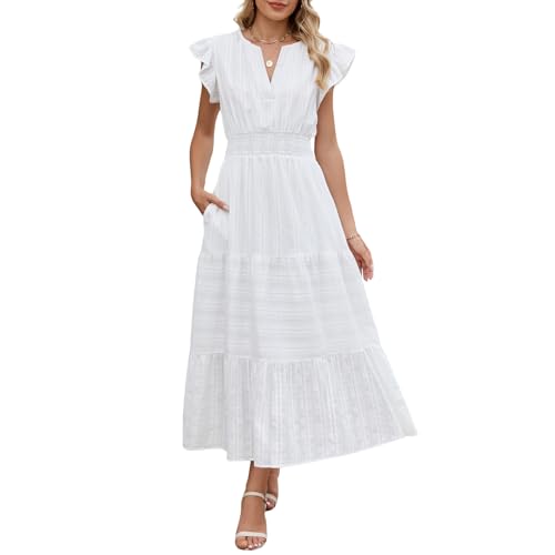 YUSOHOUSE Women's Summer Dresses Ruffle Sleeve Maxi Dresses Casual V Neck Elastic Waist Long Beach Dress with Pockets White