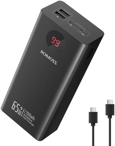 ROMOSS Power Bank, 27000 mAh Portable Laptop Charger with 65 W USB C Fast Charge, External Battery Pack for iPhone 15/14, iPad, Macbook Pro, Samsung, Steam Deck, Dell XPS