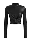 Floerns Women's Twist Front Long Sleeve Mock Neck Pu Leather Tee Shirt Crop Top Black M