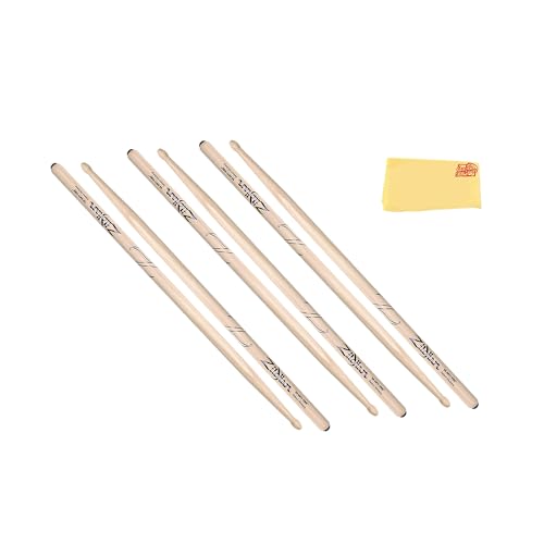 Zildjian 5A Anti-Vibe Wood Drumsticks - 3-Pack Bundle with Austin Bazaar Polishing Cloth