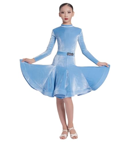 Omfpafeu Blue,150, Girls Latin Dance Dress for Child Ballroom Dancing Competition Dresses Rumba Cha Samba Practice Performance