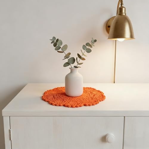 8 Round Crochet Doilies 4Pcs, Cotton Floral Lace Placemats, Handmade Embroidered Coasters for Table Furniture Wedding Decor (Orange)