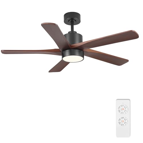 Image of WINGBO 48 Inch DC Ceiling Fan with Lights and Remote Control, 5 Carved Solid Wood Blades, 6-Speed Noiseless Reversible DC Motor, Indoor Ceiling Fan in Matte Black Finish with Walnut Blades