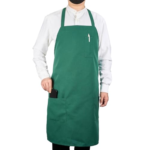 Restaurantware-Chef 101 Bib Apron, 1 Server Apron With 3 Pockets - Mid-Length, Machine Washable, Green Polyester Unisex, For Hotel, Bar, Cafe, Salon, Restaurant, Spa, Florist, And More