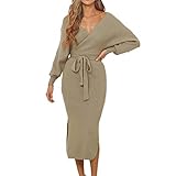 【Eigenschaften】 Elegantes langes Pulloverkleid, V-Ausschnitt, lange Ärmel, weich und bequem, elastisch, mit Gürtel.