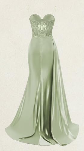 Lace Mermaid Prom Dresses Long Satin Split Olive Green Spaghetti Strap Sweetheart Prom Party Gown Pleated Formal Evening Dresses for Women US 62