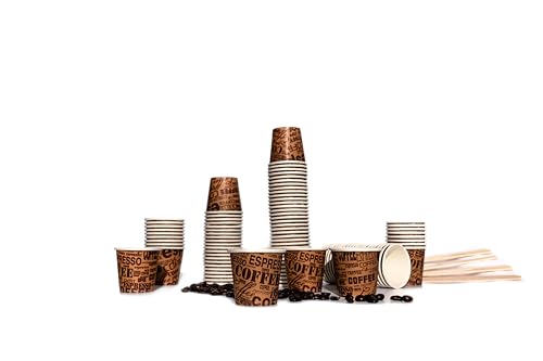 Bioaiks Bicchieri Cartoncino per Espresso, Set da 100 Pezzi con Bastoncini in betulla per Mescolare, 75 ml, (Dark Brown)