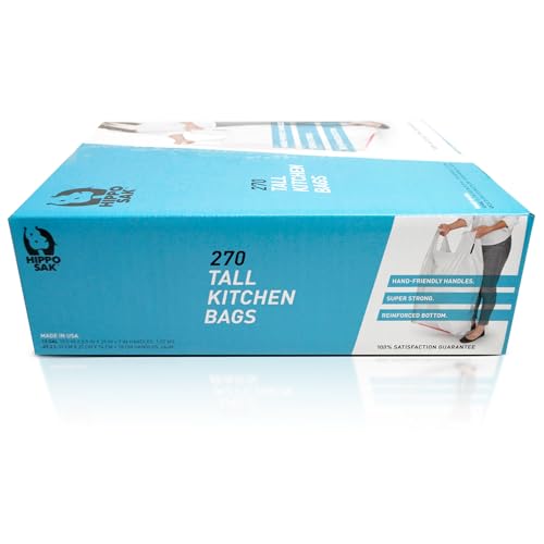 Hippo Sak - Tall Kitchen Garbage Bags with Ergonomic Handles - 13 Gallon Trash Bags - Super Strong Patented Reinforced Bottom and Leak Proof Tall Kitchen Trash Bags - Heavy Duty Trash Bags (270 Count)