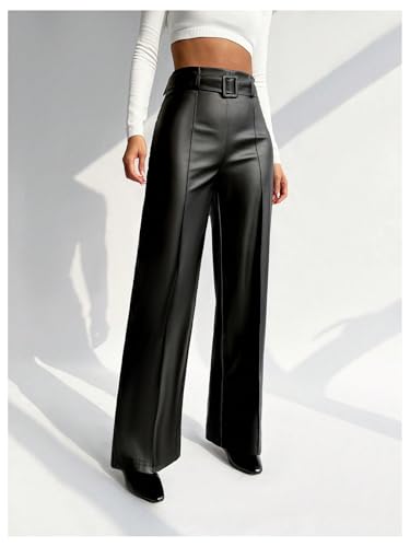 Floerns Women's PU Leather Straight Leg Pants High Waisted Belt Casual Trousers3