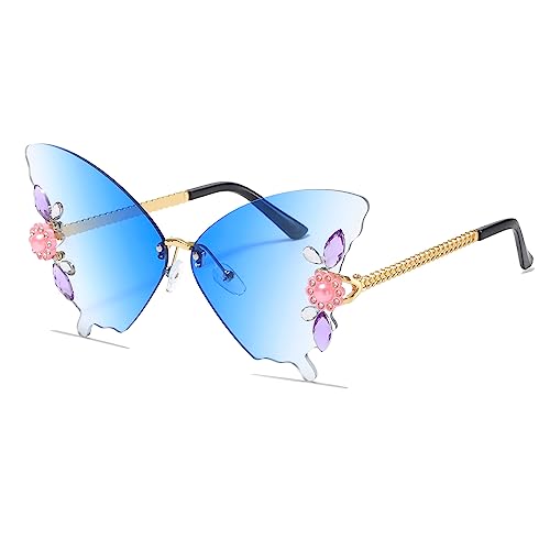 YAMEIZE Lunettes de Soleil Sans Monture Avec Strass - pour Femmes Hommes Lunettes de Soleil Tendance en Rhinestone Forme de Papillon avec Diamant Butterfly et...