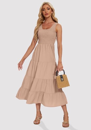 Image of Women's Summer Smocked Maxi Dresses Sleeveless U Neck Ruffle Hem Tiered A Line Flowy Dress