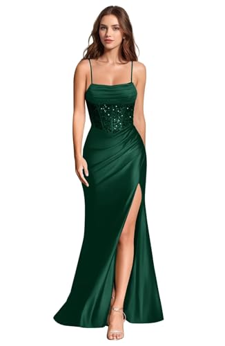 Emerald Green Satin Mermaid Prom Dresses Long with Slit Elegant