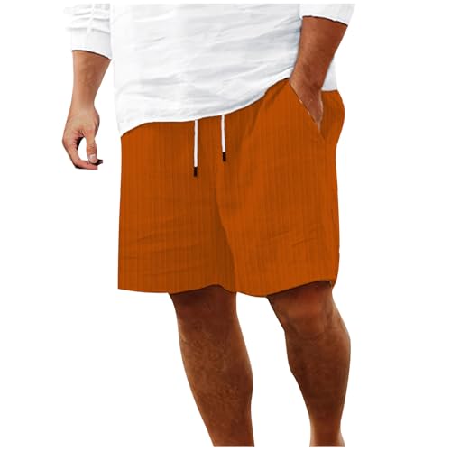 Men Cotton Linen Shorts Elastic Waist Summer Beach Short Pants with Pockets Solid Color Running Trunks