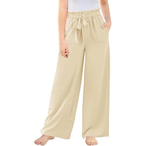 Generisch Pantalones para niño 92 pantalones de niña con pierna ancha, cintura elástica alta smocked holgada, casual, fluido, dulce, pantalones largos para niña, talla 152, caqui, 13-14 años