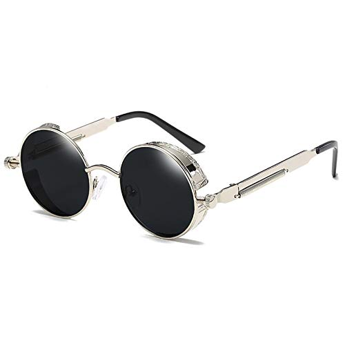 Luntus Lunettes de Soleil Rondes en Métal Hommes Femmes Lunettes de Mode Rétro Vintage Lunettes de Soleil Uv400 (Argent + Noir)