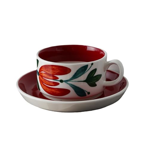 Image of Soulnioi Ceramic Coffee Mug, Retro Floral Cappuccino Cup and Saucer Set, 250ML Hand-Painting Floral Tea Mug Creative Milk Cup for Gift - Red