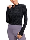 CRZ YOGA Women's Long Sleeve Crop Top Quick Dry Cropped Workout Shirts Half Zip Pullover Running Athletic Shirt Tie Dye Smoke Ink Medium