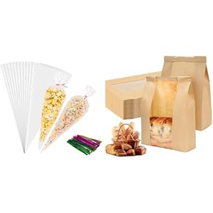 NPLUX Bundle of 100 Pack Clear Cellophane Bags and 50 Pack Sourdough Bread Bags for Candy Popcorn Cookie