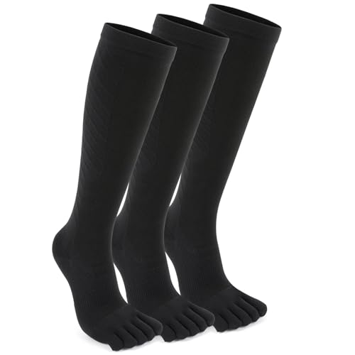 Deepfuls Compression Toe Socks for Men and Women 15-20mmHg Knee High Five Finger Stockings for Travel Flight Work Sports & Everyday Wear, Black Medium 3 Pairs