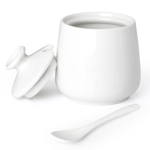 Ceramic Sugar Bowl White Sugar Jar, Porcelain Sugar Pot with lid and Spoon, Salt Container for Coffee Bar, Seasoning Conditment for Home Kitchen, 9 oz/ 255 ml