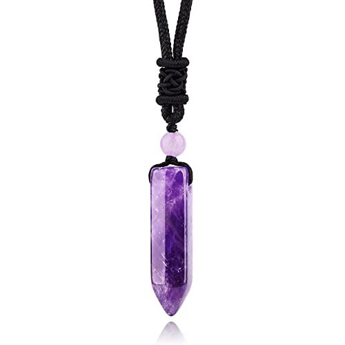 TIKCAUZ Hexagonal Purple Crystal Necklace Amethyst Point Pendant with Adjustable Rope Natural Purple Crystal Stone Handmade Jewelry for Women