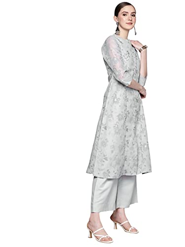 Image of ZIYAA Women's Grey Chanderi A-Line Kurta Palazzo And Dupatta Set(ZISKDCH3930)
