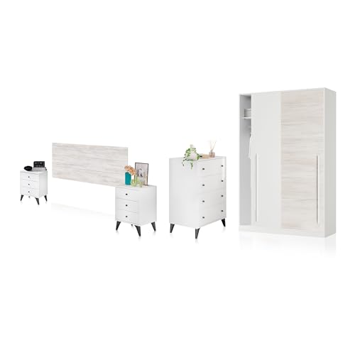 duehome | Pack de Dormitorio con Cabecero + 2 mesitas de Noche + Comoda y Armario, Conjunto de Dormitorio, Modelo Iconic 4c Plus, Acabado en Blanco Artik, Blanco Velho y Negro