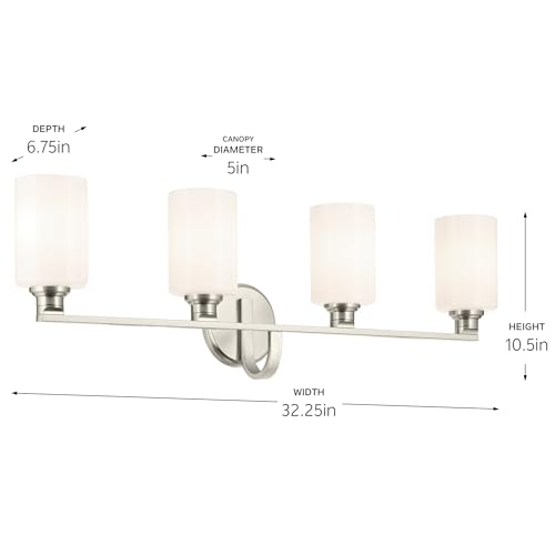 Image of Kichler Gioe 32.25 in 4-Light Bathroom Vanity Light Fixture with Opal Glass in Brushed Nickel, Modern Wall Mount Over Mirror for Powder Room, Damp Rated (32.25 in W x 10.5 in H), 55227NI
