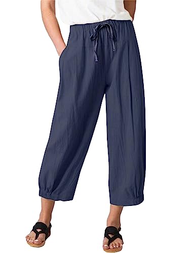 Image of Bozanly Summer Capri Pants for Women Casual Elastic Waist Cotton Linen Comfy Yoga Crop Pants Trousers 2026