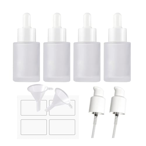 4 Pack Glass Dropper Bottles, Clear Frosted with 2 Funnels & 2 Lotion Pumps, 30 ml Essential Oil Bottles