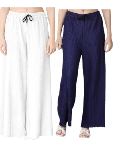 Image of Pack of 2 Women Palazzo Pants | Wide Leg Loose Fit | Combo Pack | Free Size | Stretchable Waist | Casual Wear, Office Wear, Home Wear Palazzo