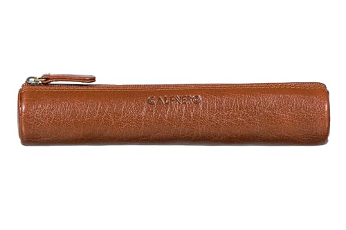 Image of Calfnero Genuine Leather Pen-Case for Men & Women | Premium Leather Pencil-Pouch with Zipper (Tan) | Cylindrical Pen-Holder Organizer for Pen, Pencils & Stationery | Unisex Pen-Sleeve