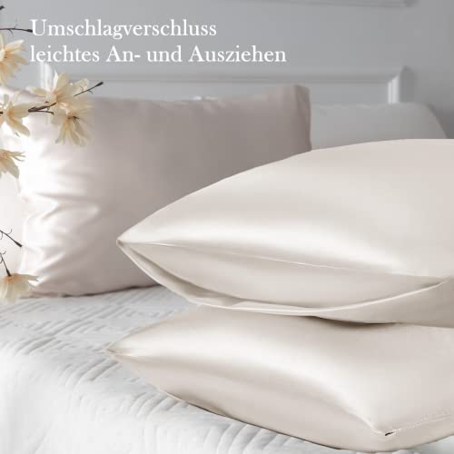 Vielit 2er Set Satin Kissenbezug 40 x 80 Beige, Weich wie Seidenkissenbezug 40x80,Bessere Pflege als Silk Pillosecase,Satin Kopfkissenbezug Kissenhülle für Haar und Haut mit 2 Haargummis