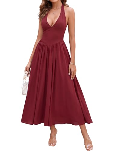 Image of Parthea Women's Gingham Halter V Neck Midi Dress Corset Smocked Sundress Flowy A Line Wedding Guest Dresses