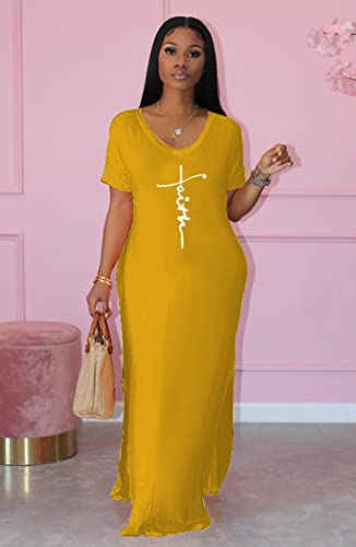 Image of Women Summer V Neck Loose Side Split Maxi Dresses with Pocket