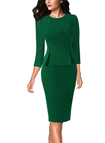 Image of VFSHOW Womens Pleated Crew Neck Peplum Slim Work Business Dress Elegant 3 /4 Sleeves Office Church Bodycon Pencil Sheath Dress