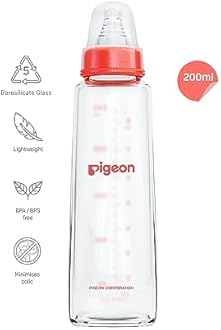 Pigeon Flexible Glass Nursing/Feeding Bottle With Added Nipple M,For 4+ Month Babies,Borosilicate Nursing/Feeding Bottle for Babies,BPA Free,BPS Free,Red,200 ml