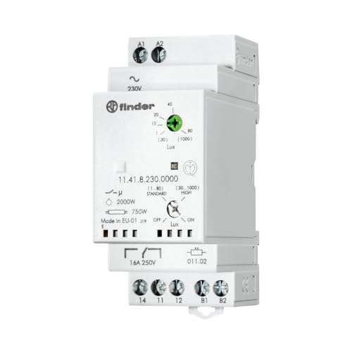 Finder Relè Crepuscolare Tipo 11.41 con 1 scambio 16 A per accensione lampade in funzione del livello di luminosità dell’ambiente. Elemento fotosensibile separato