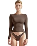 SUUKSESS Women Crew Neck Long Sleeve T Shirts Double Lined Tight Fitted Crop Top (Brown,L)